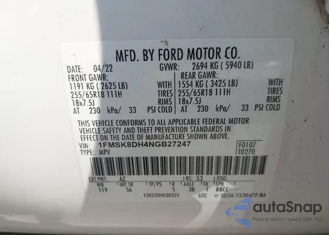 2022 Ford Explorer Xlt z USA, uszkodzony, nr VIN 1FMSK8DH4NGB27247